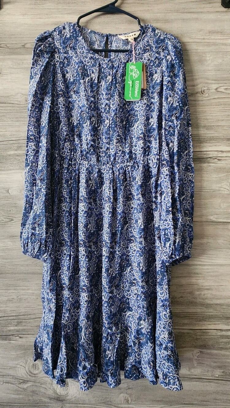 Boden Long Sleeve Botanical Paisley Print Dress Blue Teal Size 8 Large US NWT